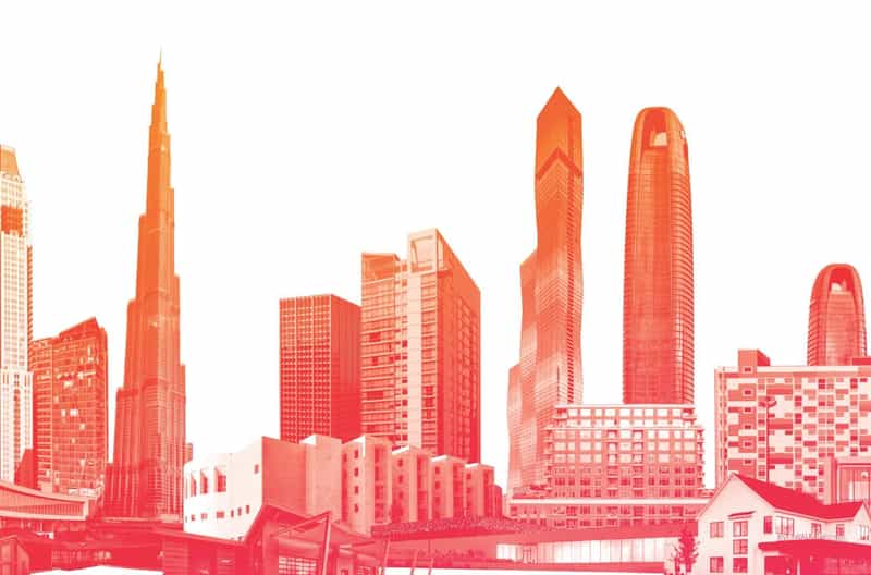 Section of a composite skyline image of buildings designed by CWA practitioners.