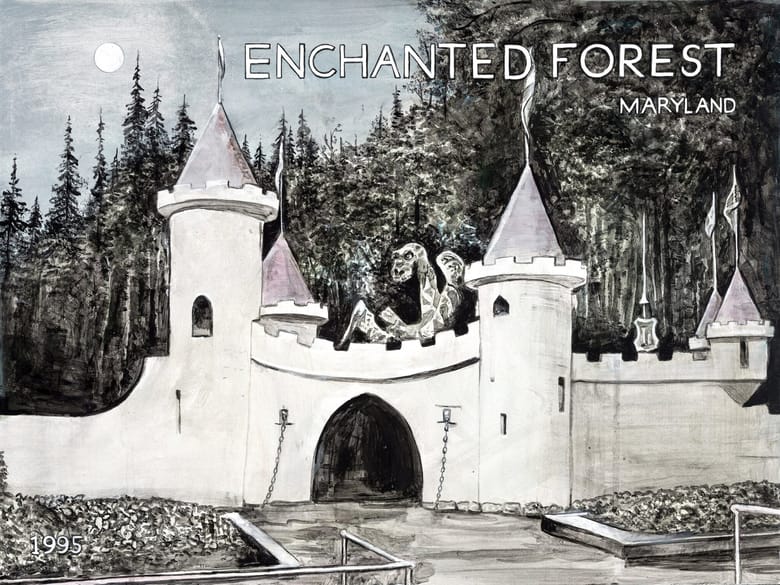 Painting in gray, blue, black, and white of a castle like structure in the woods with the words "Enchanted Forest" across the top