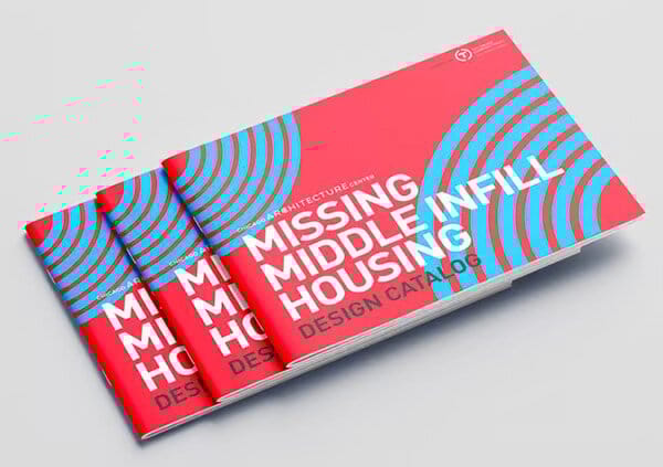 A catalog of three booklets in red and blue cover with title Missing Middle Infill Housing Design Catalog