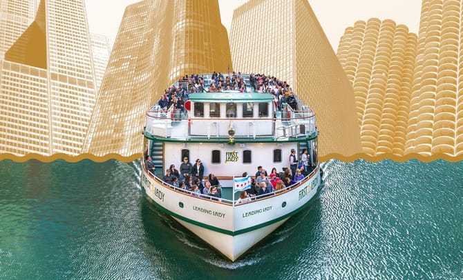 Cruise boat full of tourists with Chicago flag flying. Gold and green and gold graphic as background