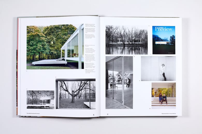 Two page spread of a book showing images of a modern house from varios angles