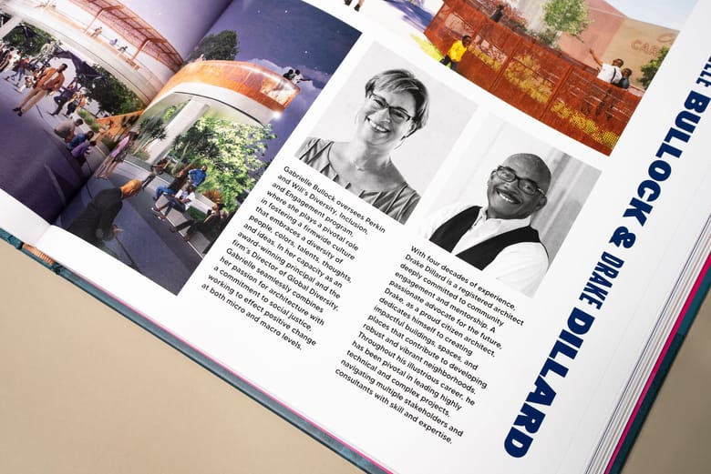 Spread of a book with text and headshots