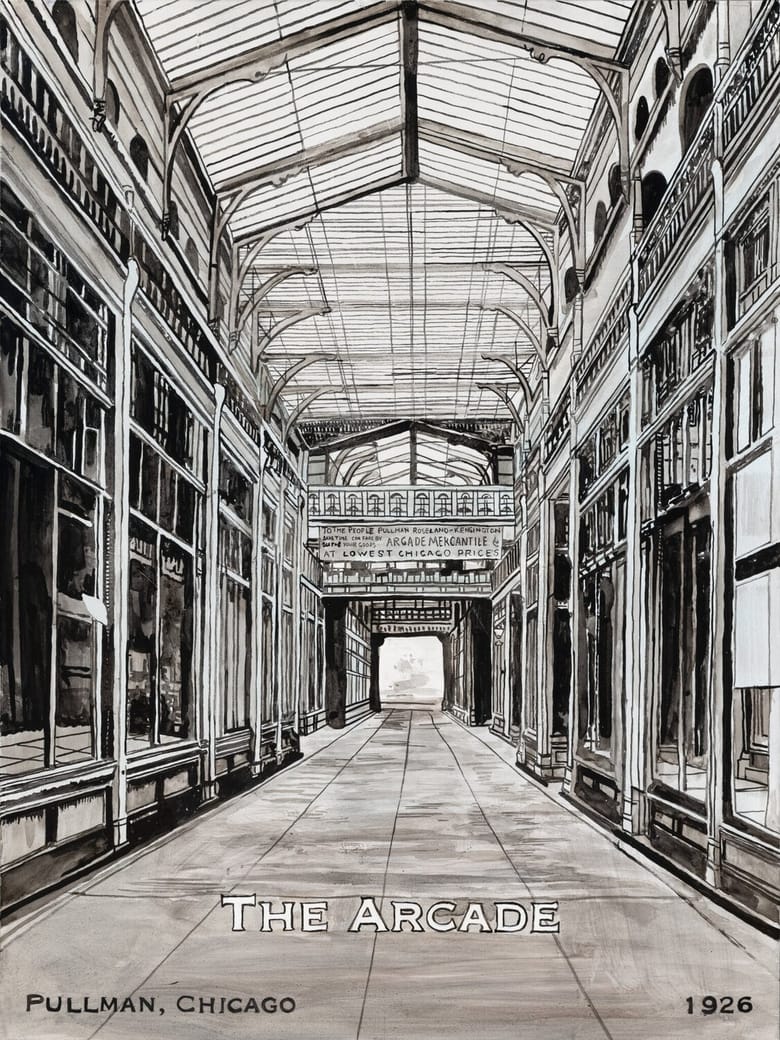 Vertical Painting in gray, black and white of athe interior of an enclosed walkway with high ceilings with words across the bottom that read "The Arcade, Pullman Chicago, 1926" 