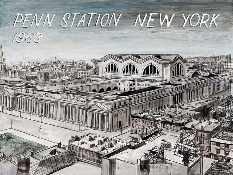 Painting in gray, blue, black and white of a large building in the middle of the city with the words "Penn Station New York 1963" across the top