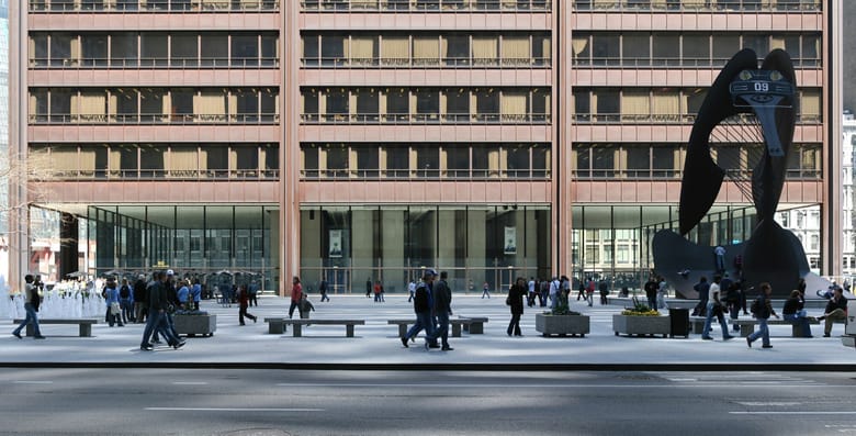 A photo of Daley Plaza as seen from the street.