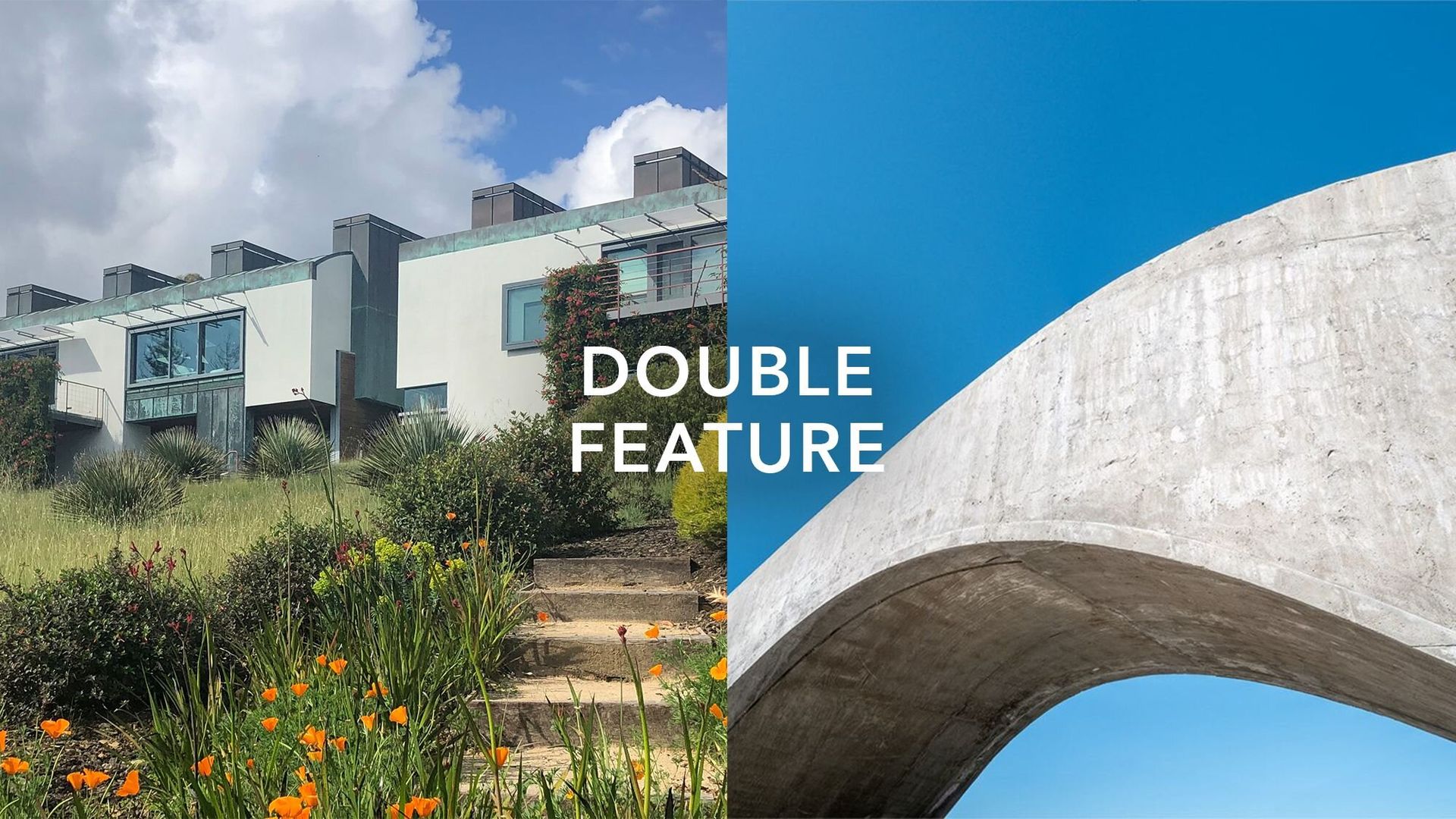Double feature superimposed on a split image of two architectural forms