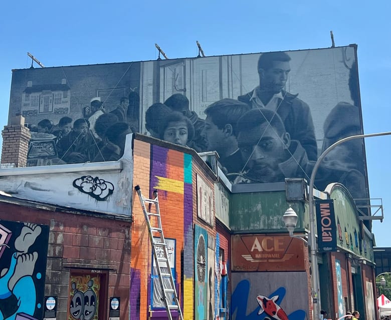 Black and white mural on city building