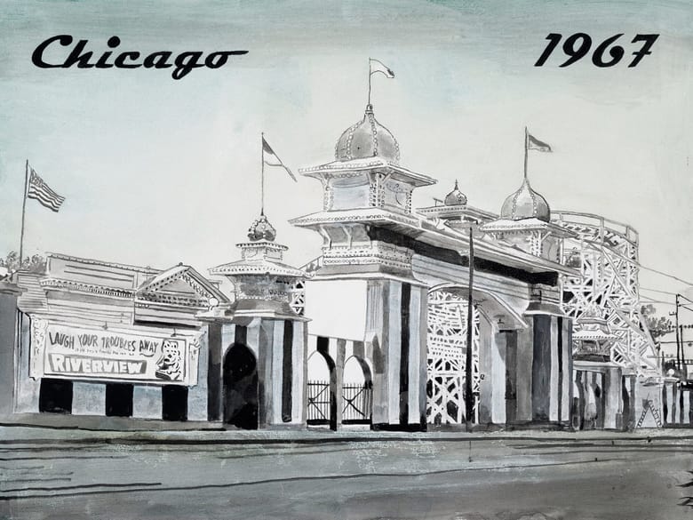 Painting in gray, blue, black, and white of fairgrounds with the words "Chicago 1967" across the top