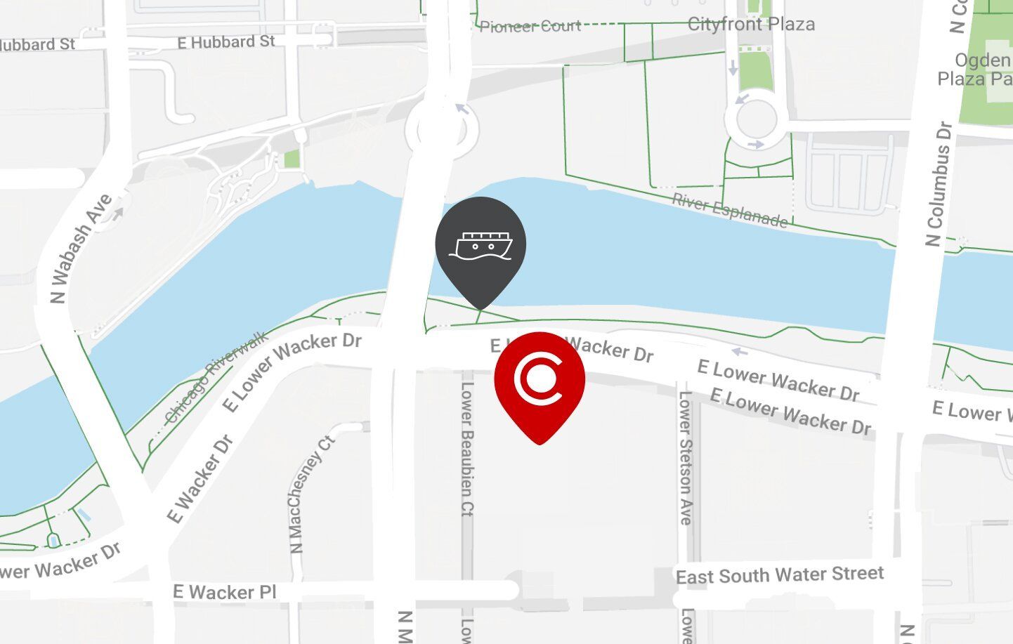 Map of downtown Chicago with icon for CAC and River Cruise Dock