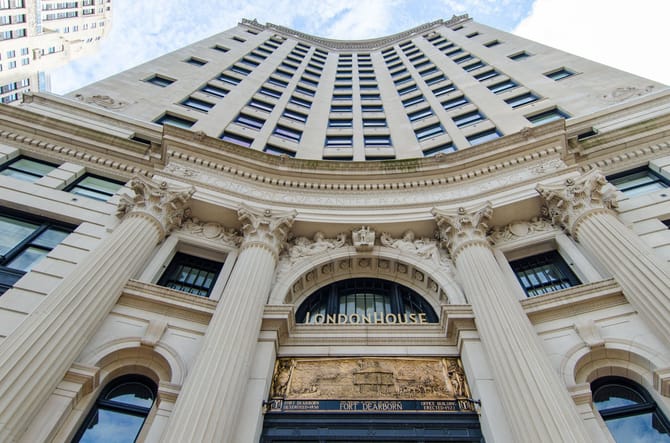 looking up at historic hotel facade