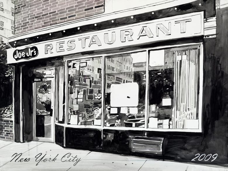 Painting in gray, blue, black and white of a diner building with a sign that reads "Joe Jr's Restaurant" and the words "New York City 2009" across the bottom of the page